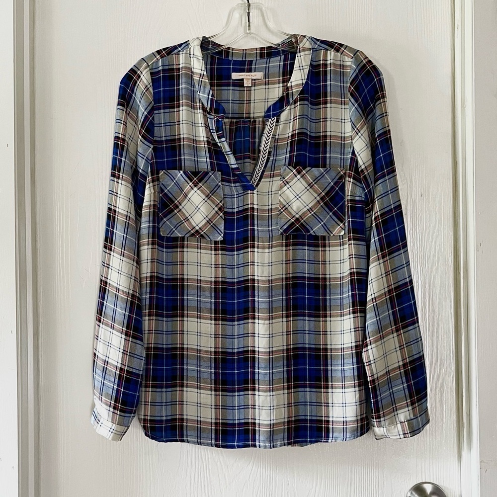Skies Are Blue Plaid V-Neck Long Sleeve Sheer Blouse